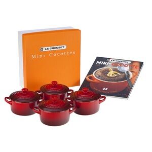 Le Creuset Stoneware Cherry Red Set of 4 Mini Cocottes with Recipe Book
